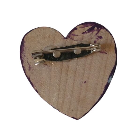 Valentines Day Brooch Heart One Pin Wood Handpainted Folk Art Simple Purple. - Picture 8 of 16